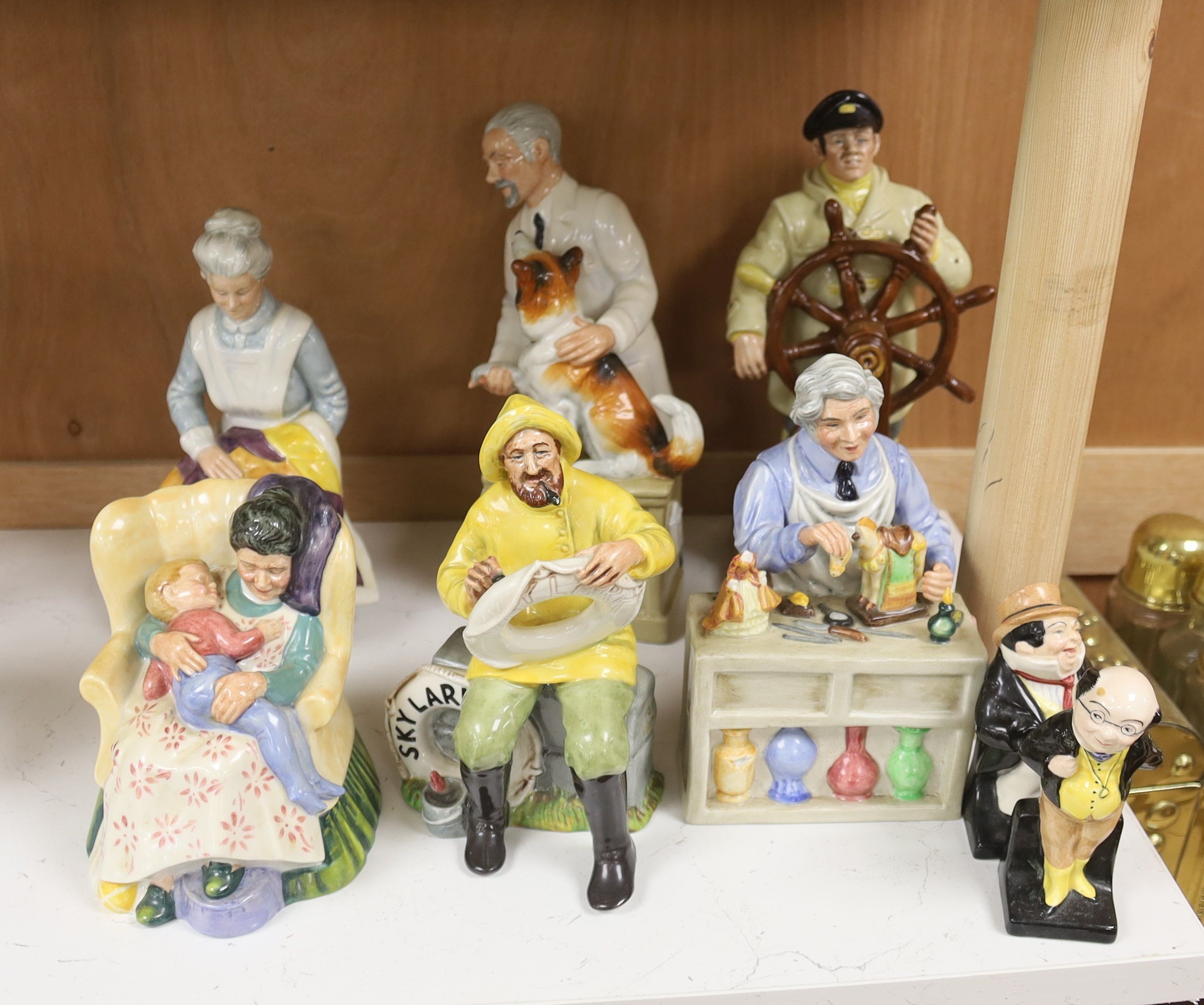 Eight Royal Doulton figures including: The Helmsman, The China Restorer, The Boatman, Sweet Dreams, Eventide, Captain Outtle and Mr Pickwick, tallest 24cm